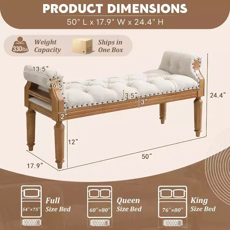 Christopher Knight Home Lena Mid-Century Modern Rubberwood Linen Upholstered Tufted Bench with Rolled Arms