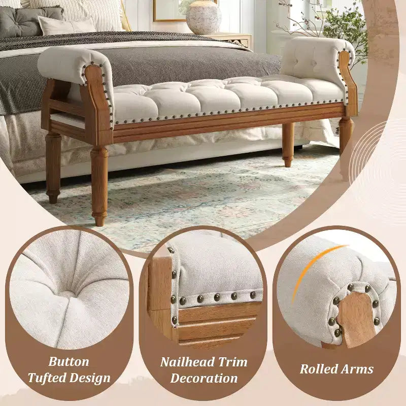 Christopher Knight Home Lena Mid-Century Modern Rubberwood Linen Upholstered Tufted Bench with Rolled Arms