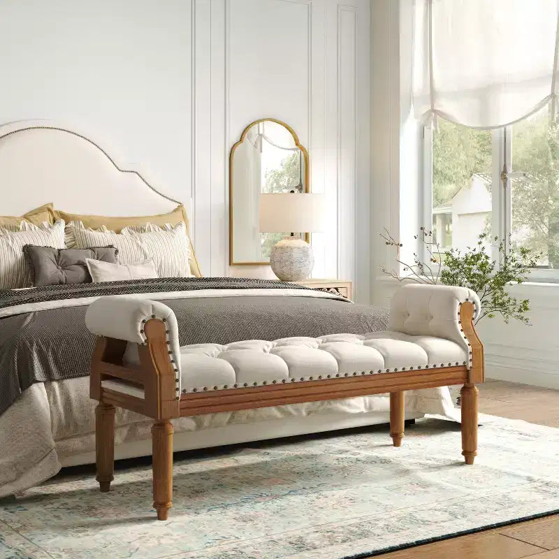 Christopher Knight Home Lena Mid-Century Modern Rubberwood Linen Upholstered Tufted Bench with Rolled Arms