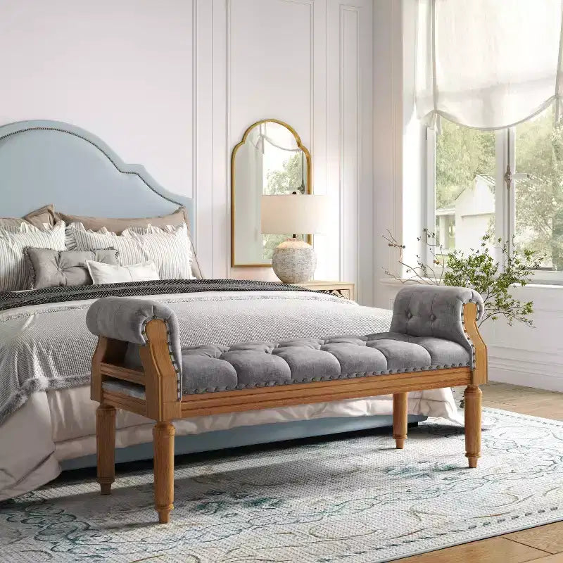 Christopher Knight Home Lena Mid-Century Modern Rubberwood Linen Upholstered Tufted Bench with Rolled Arms