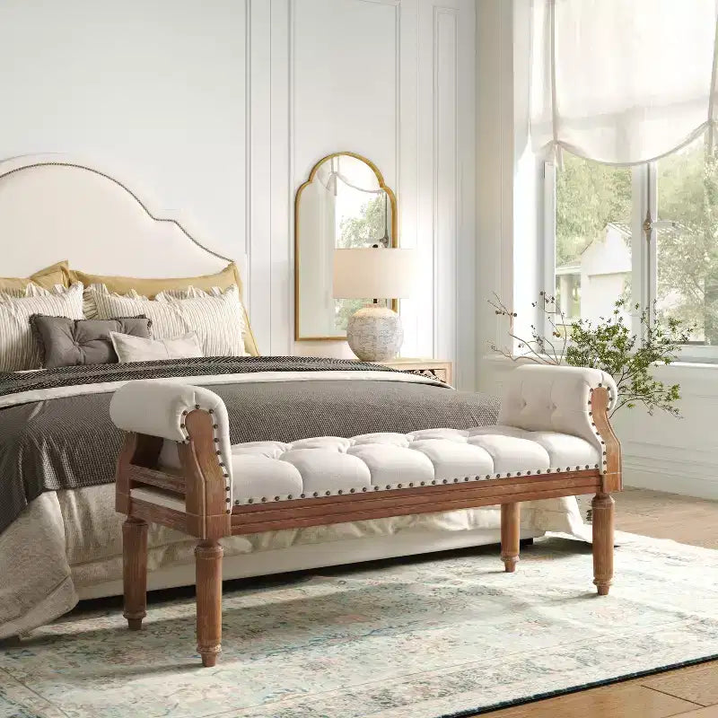 Christopher Knight Home Lena Mid-Century Modern Rubberwood Linen Upholstered Tufted Bench with Rolled Arms
