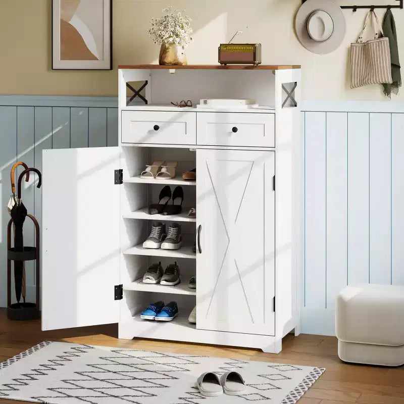 Modern Farmhouse Style Shoe Cabinet, Narrow Freestanding Shoe Rack Storage Cabinet with Drawers and Adjustable Shelves, Suitable for Foyer Storage