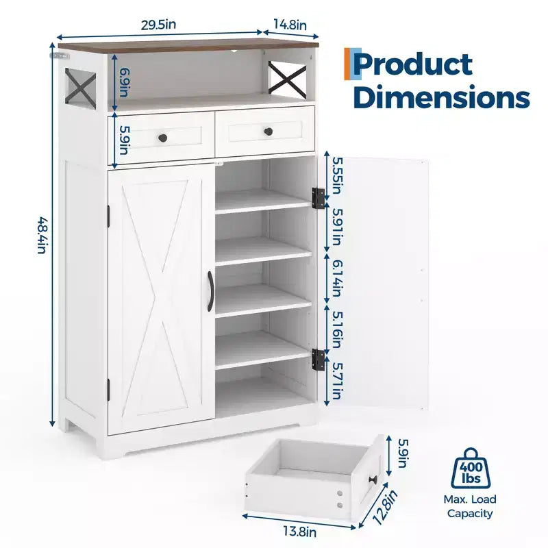 Modern Farmhouse Style Shoe Cabinet, Narrow Freestanding Shoe Rack Storage Cabinet with Drawers and Adjustable Shelves, Suitable for Foyer Storage