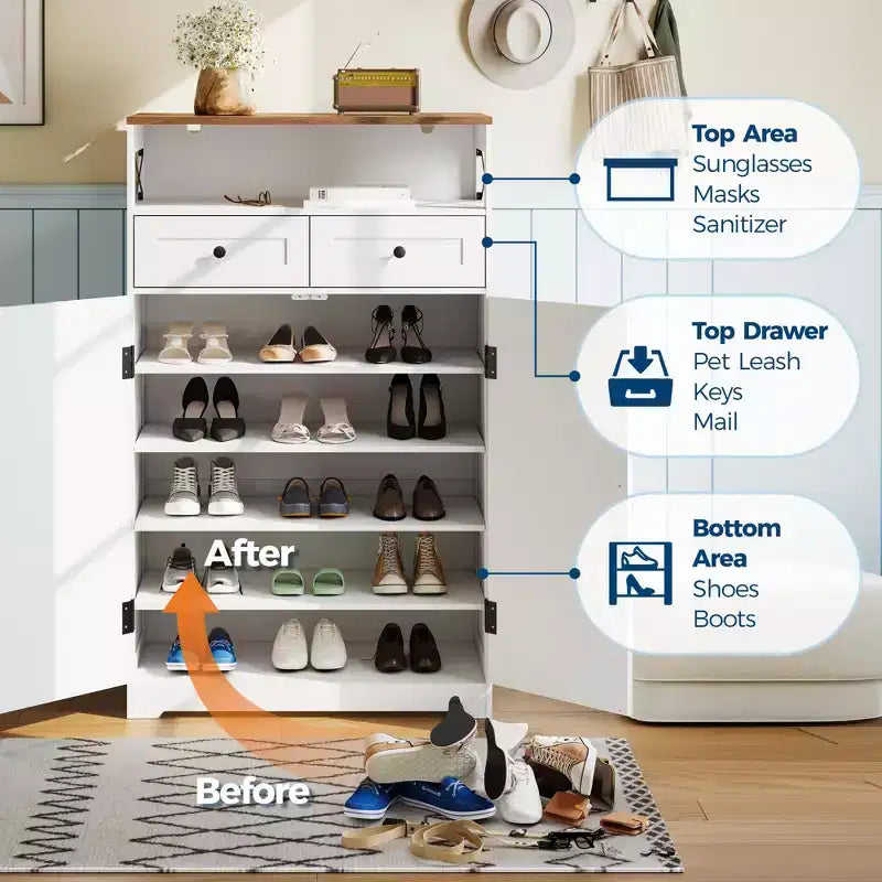 Modern Farmhouse Style Shoe Cabinet, Narrow Freestanding Shoe Rack Storage Cabinet with Drawers and Adjustable Shelves, Suitable for Foyer Storage