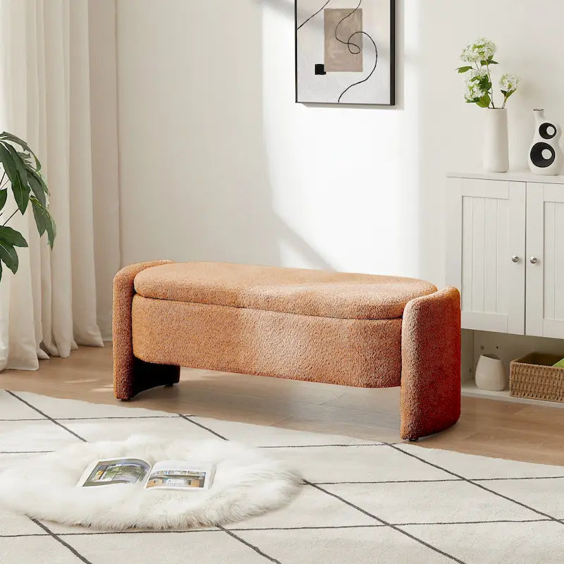 3D Lamb Fleece Fabric Storage Bench with Arc-shaped Sides
