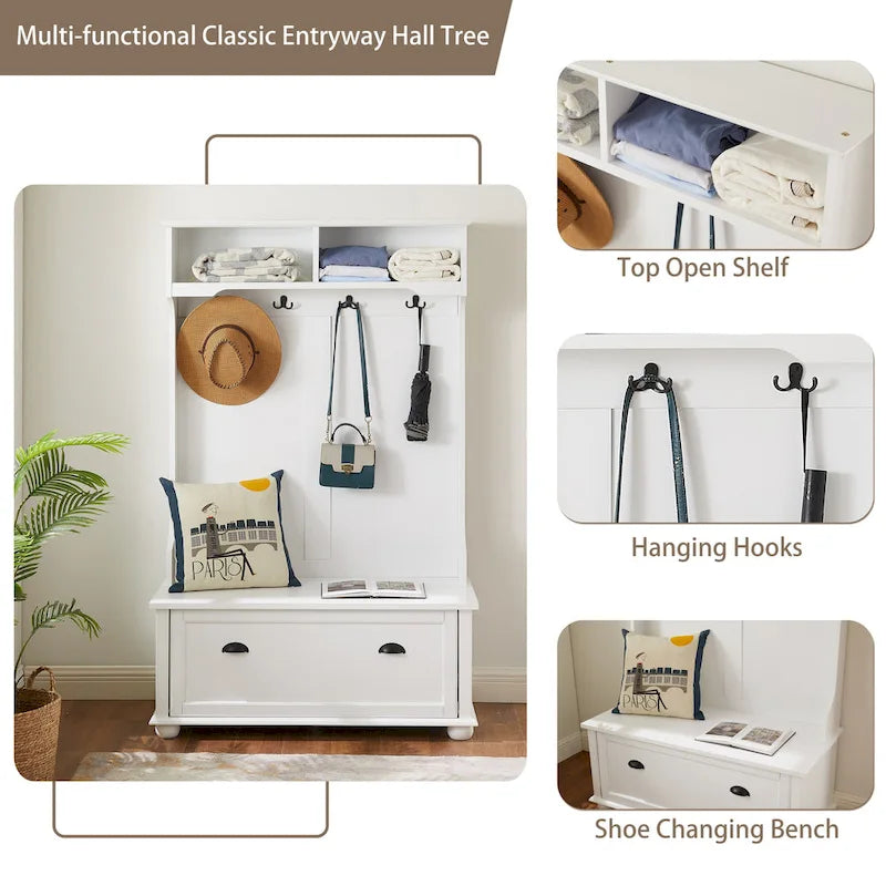 Modern Classic Hall Tree with Shoe Rack Bench and Coat Hooks for Hanging Storage