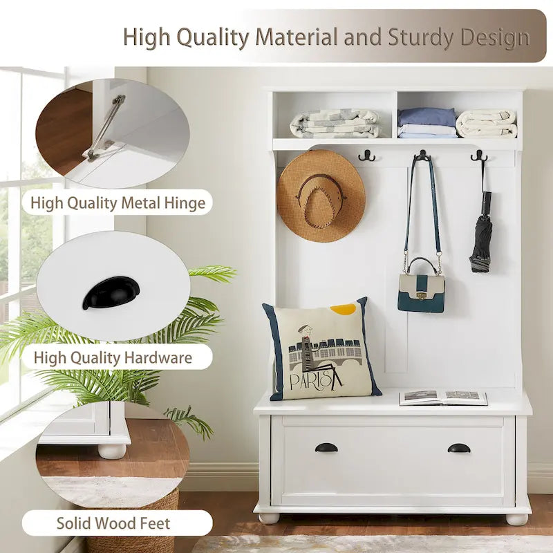Modern Classic Hall Tree with Shoe Rack Bench and Coat Hooks for Hanging Storage