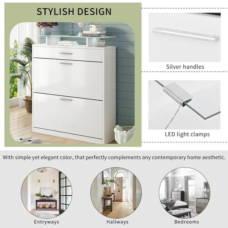 Slim Entryway Organizer with 2 Flip Drawers, Tempered Glass Top Shoe Storage Cabinet with Drawer