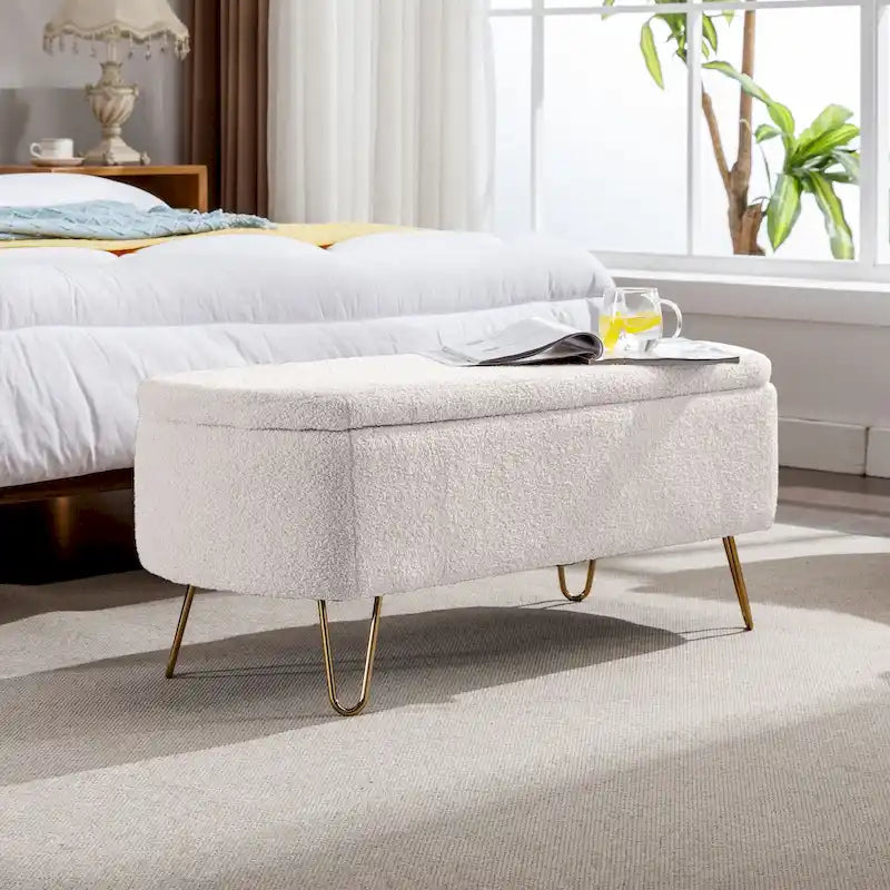 Oval Storage Ottoman Bench with Gold Legs by GDFStudio - 39.37L x15.75W x 15.50H