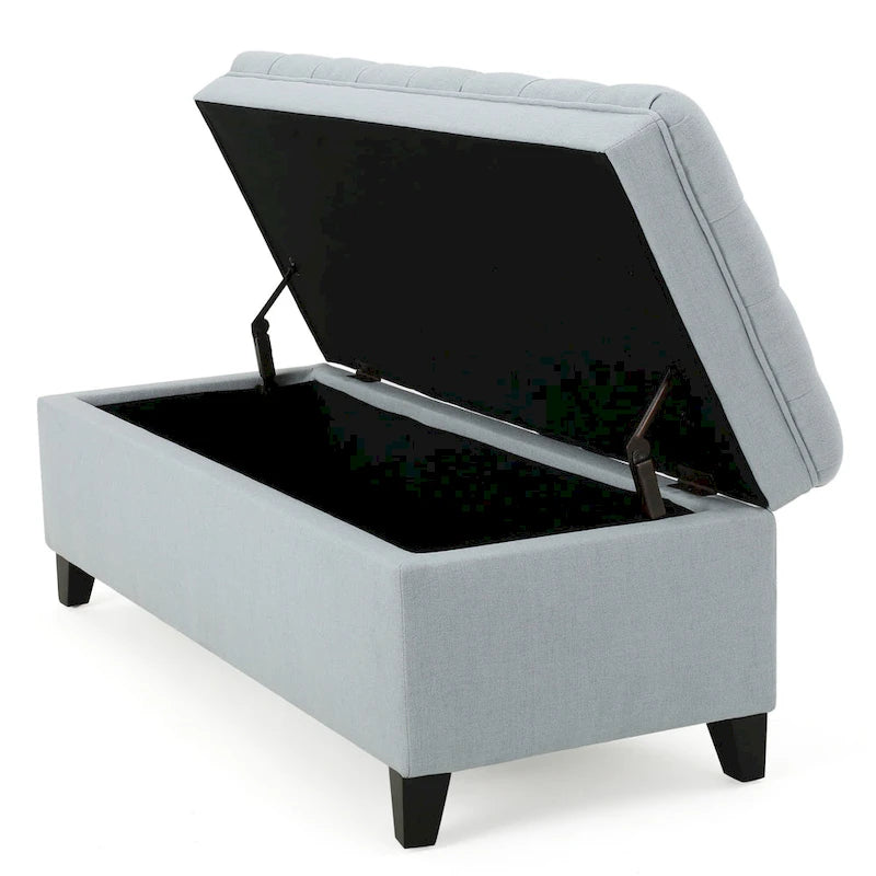 Rhya Storage Ottoman Bench, Light Blue Fabric, Black Wood, 50 Inch