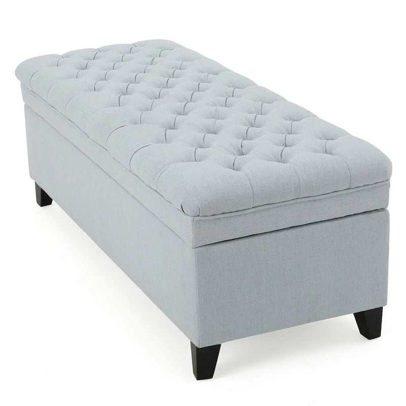 Rhya Storage Ottoman Bench, Light Blue Fabric, Black Wood, 50 Inch