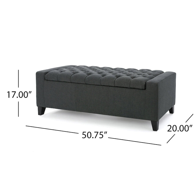 Storage Ottoman Bench, Dark Gray Fabric, Tufted Top, 51 Inch
