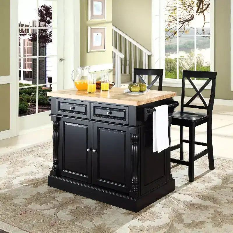 Crosley Oxford Kitchen Island with 2 X-Back Stools Black: Traditional Style, Towel Bar, 4 Shelves, 2 Drawers