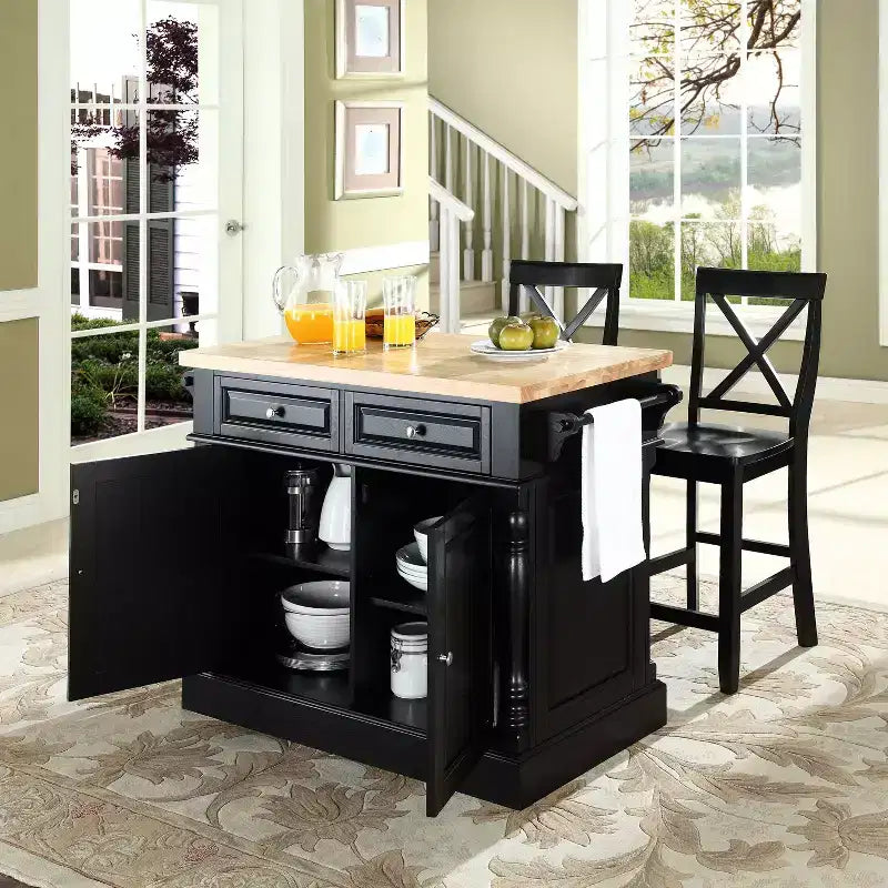 Crosley Oxford Kitchen Island with 2 X-Back Stools Black: Traditional Style, Towel Bar, 4 Shelves, 2 Drawers