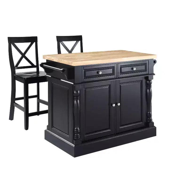 Crosley Oxford Kitchen Island with 2 X-Back Stools Black: Traditional Style, Towel Bar, 4 Shelves, 2 Drawers