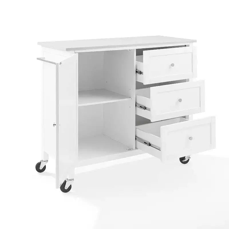 Crosley Soren Stone Top Kitchen Island/Cart White: Rolling Cart with Storage, 2 Shelves, 3 Drawers, Traditional Style