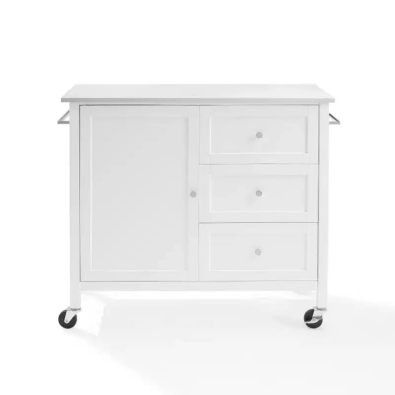 Crosley Soren Stone Top Kitchen Island/Cart White: Rolling Cart with Storage, 2 Shelves, 3 Drawers, Traditional Style