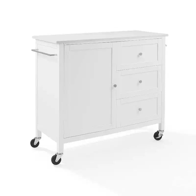Crosley Soren Stone Top Kitchen Island/Cart White: Rolling Cart with Storage, 2 Shelves, 3 Drawers, Traditional Style