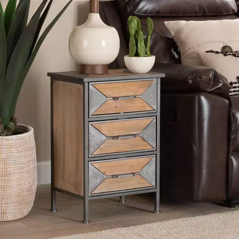 Laurel Wood 3 Drawer Nightstand Gray/Brown - Baxton Studio: Antique Metal Frame, Whitewashed Oak, Vintage Style Handle
