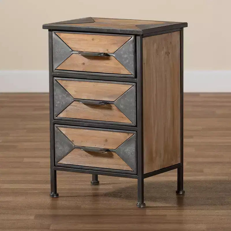 Laurel Wood 3 Drawer Nightstand Gray/Brown - Baxton Studio: Antique Metal Frame, Whitewashed Oak, Vintage Style Handle