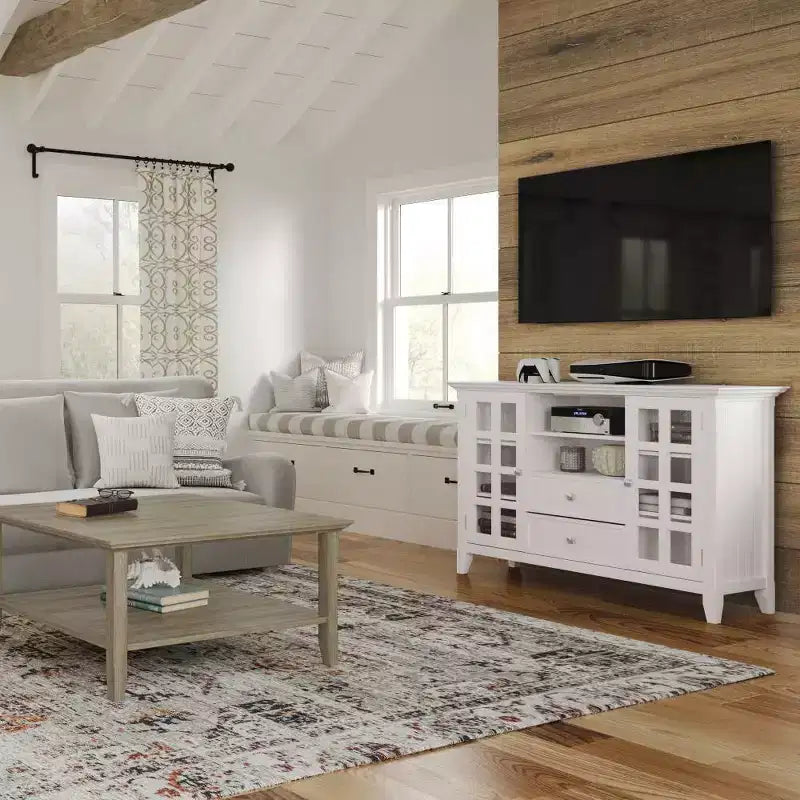 Meuble TV haut pour téléviseurs jusqu'à 60" Blanc - Étagères réglables, pin et contreplaqué, rangement multimédia