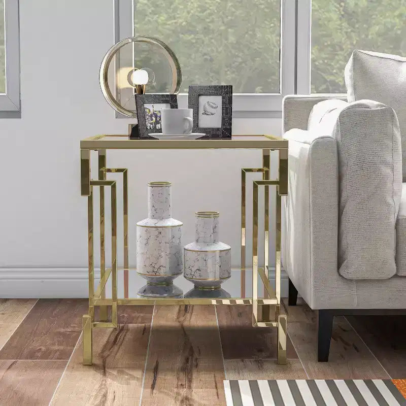 Costa Mesa Square Glass Top Contemporary End Table Champagne - miBasics