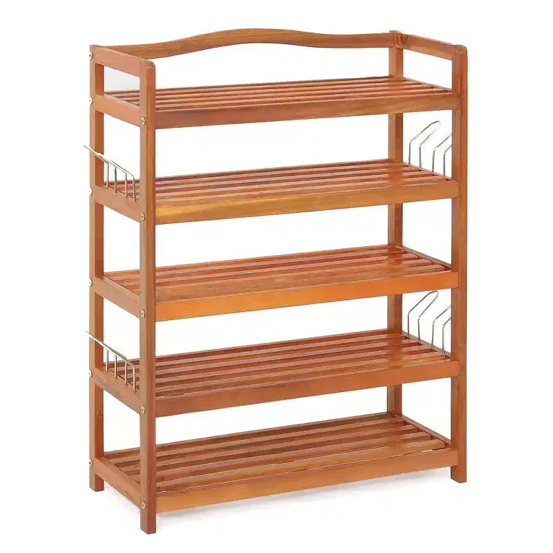 Costway 5-Tier Wood Shoe Rack Solid Acacia Wood Shoe Shelf with Side Metal Hooks