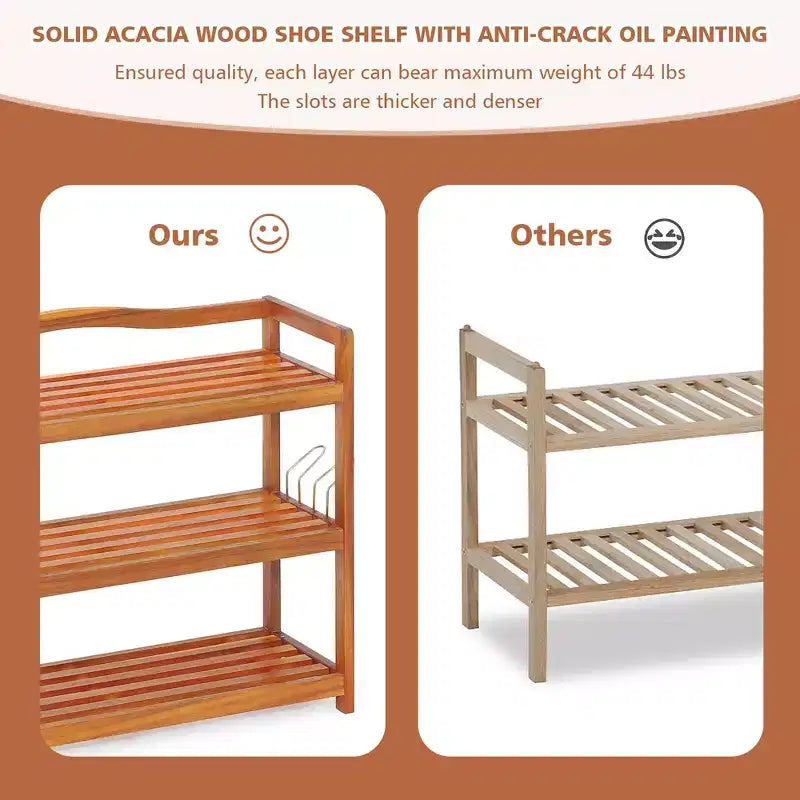 Costway 5-Tier Wood Shoe Rack Solid Acacia Wood Shoe Shelf with Side Metal Hooks