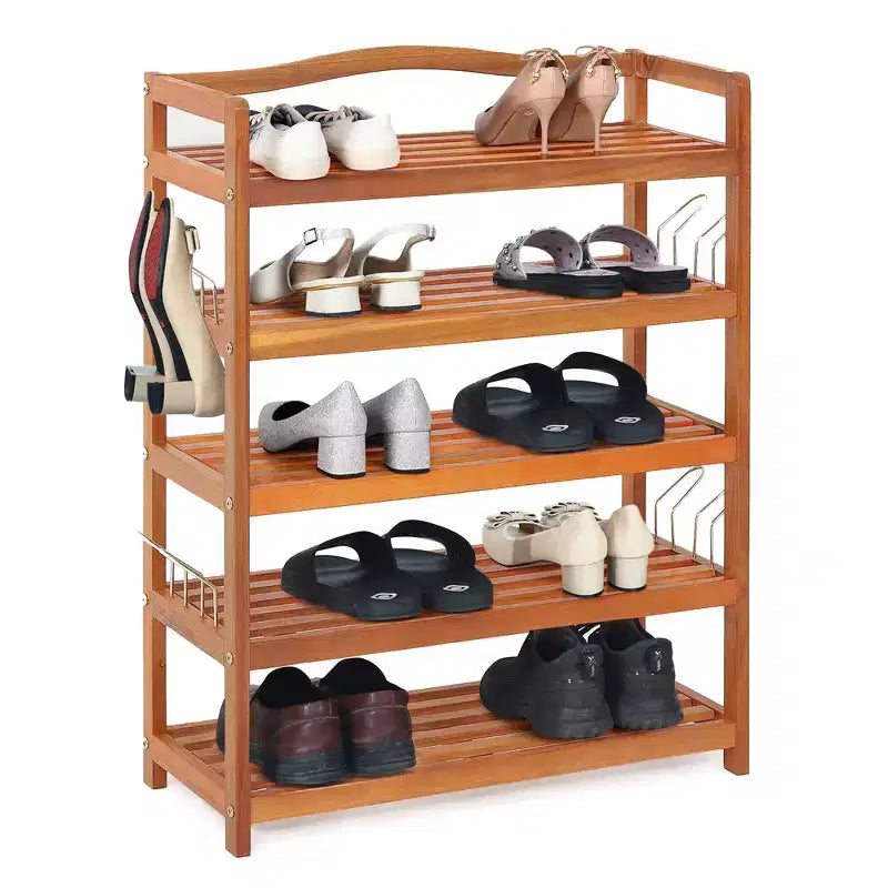 Costway 5-Tier Wood Shoe Rack Solid Acacia Wood Shoe Shelf with Side Metal Hooks