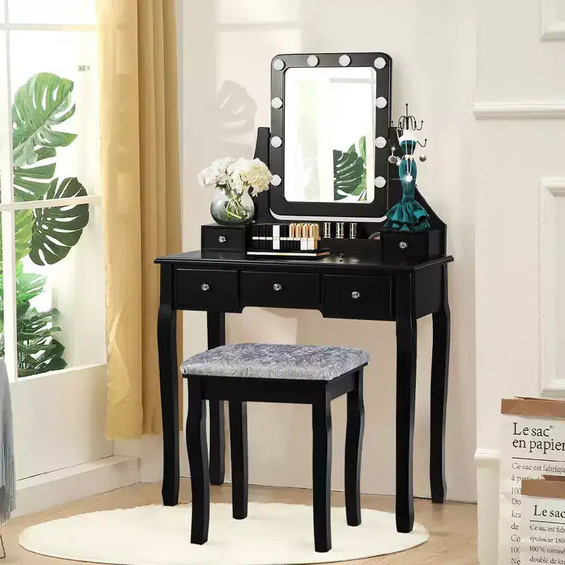 Costway Vanity Dressing Table Set w/ 10 Dimmable Bulbs Touch Switch Cushion Stool White\Black\Brown
