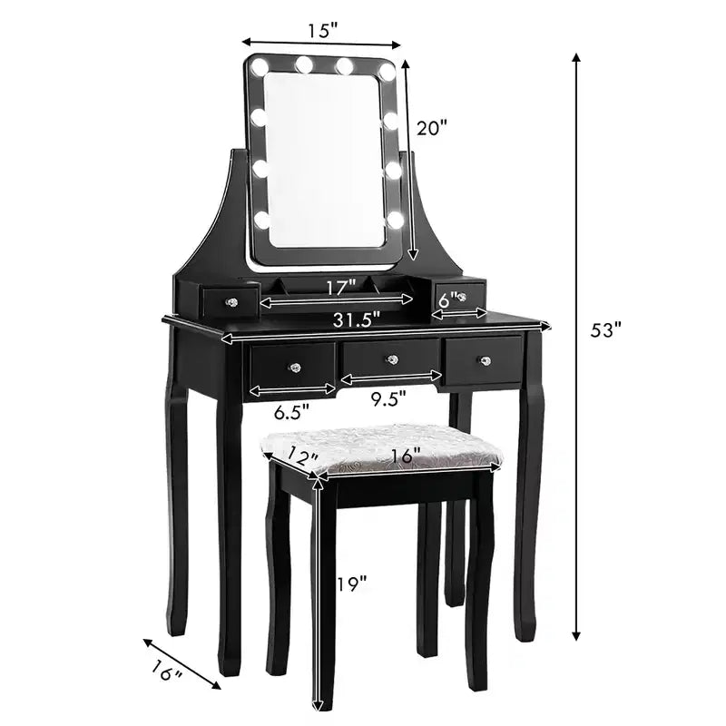 Costway Vanity Dressing Table Set w/ 10 Dimmable Bulbs Touch Switch Cushion Stool White\Black\Brown