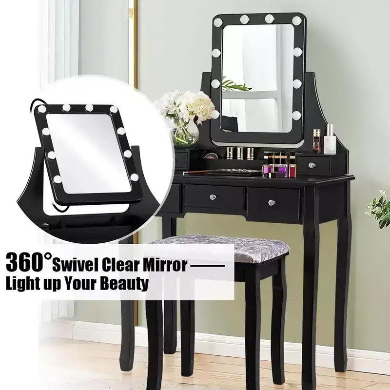 Costway Vanity Dressing Table Set w/ 10 Dimmable Bulbs Touch Switch Cushion Stool White\Black\Brown