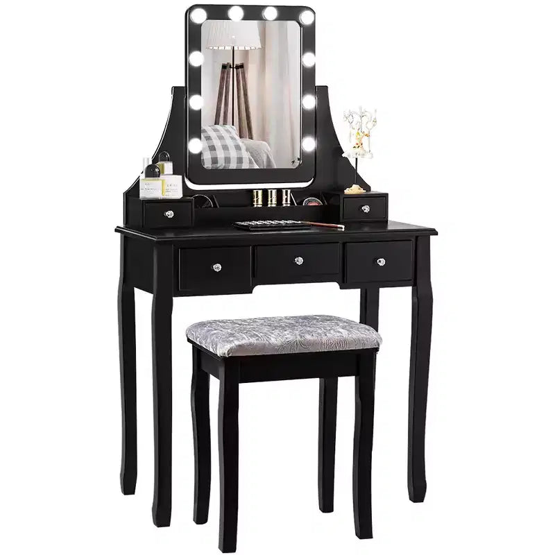 Costway Vanity Dressing Table Set w/ 10 Dimmable Bulbs Touch Switch Cushion Stool White\Black\Brown
