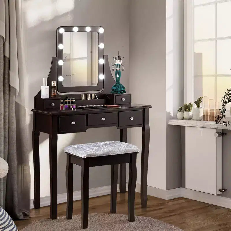 Costway Vanity Dressing Table Set w/ 10 Dimmable Bulbs Touch Switch Cushion Stool White\Black\Brown