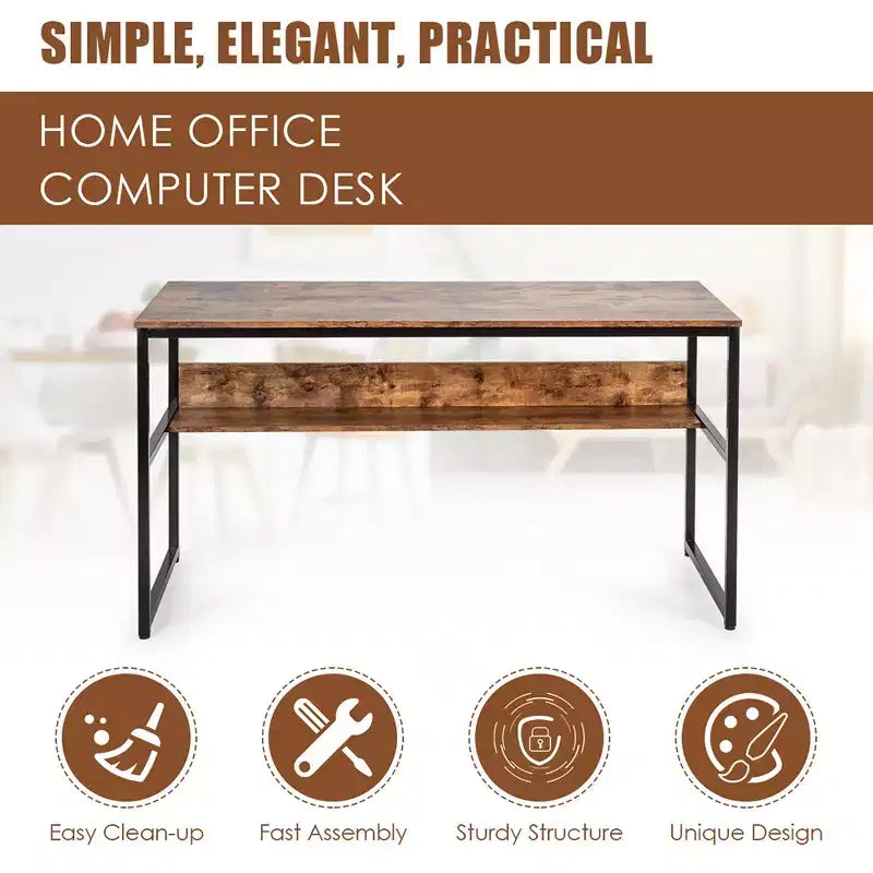 Costway 55'' Industrial Computer Desk w/ Storage Shelf Adjustable Foot Pads