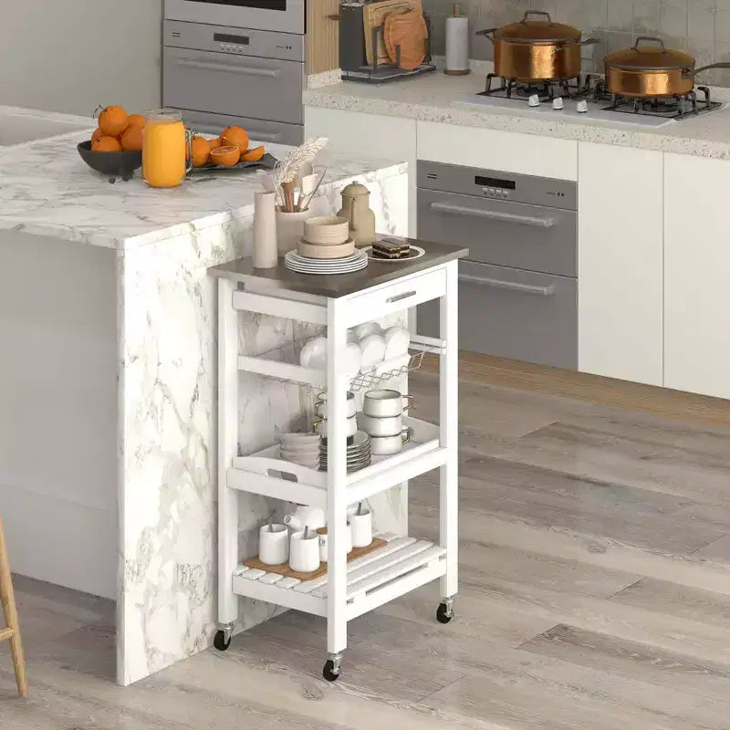 Costway Compact Kitchen Island Cart Rolling Service Trolley with Stainless Steel Top Basket