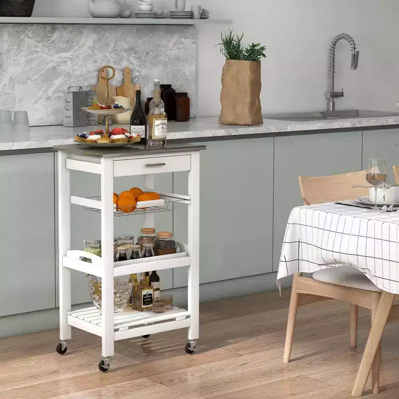 Costway Compact Kitchen Island Cart Rolling Service Trolley with Stainless Steel Top Basket