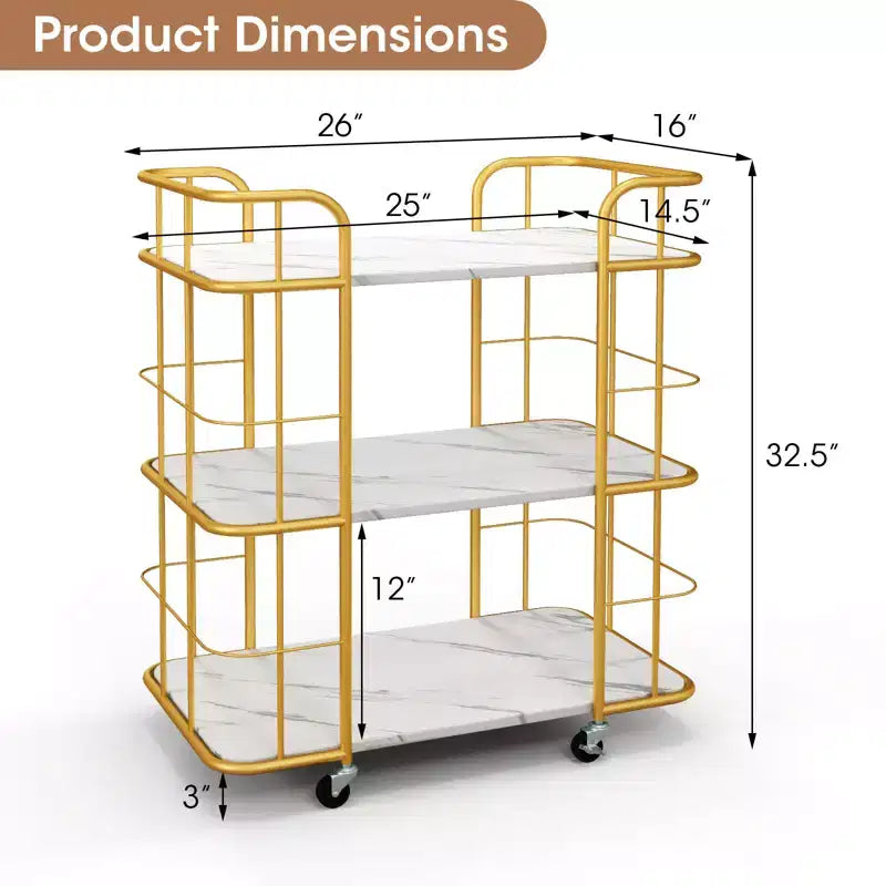 Costway 3-Tier Kitchen Storage Utility Cart Gold Rolling Bar Serving w/Lockable Casters