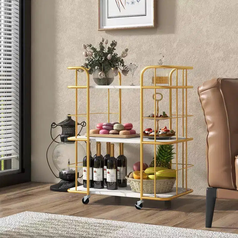 Costway 3-Tier Kitchen Storage Utility Cart Gold Rolling Bar Serving w/Lockable Casters
