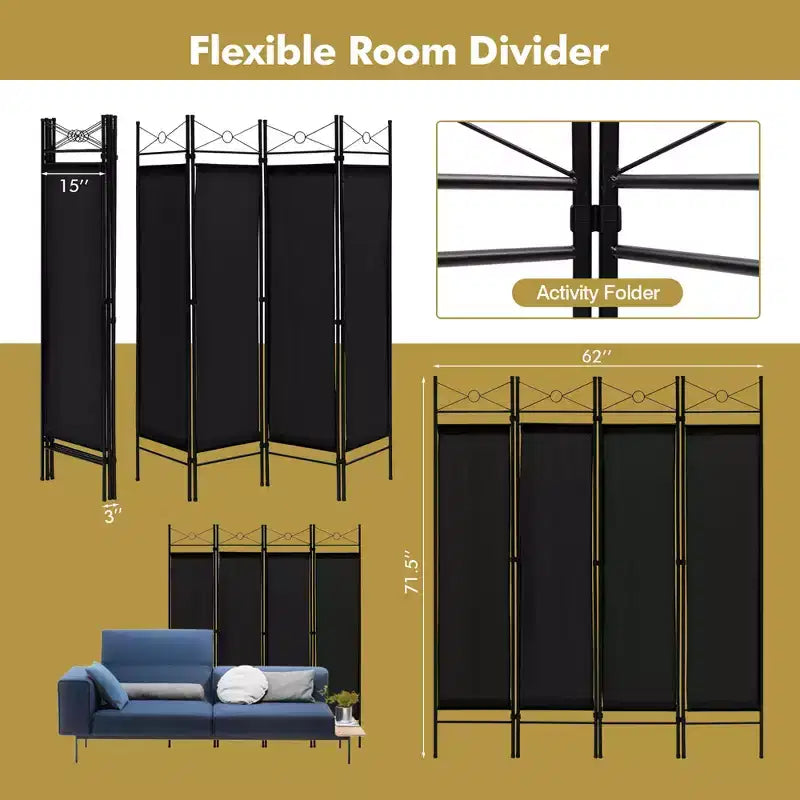 Costway 6 FT 4-Panel Folding Room Divider Freestanding Privacy Screen Steel Frame Brown\Black\White