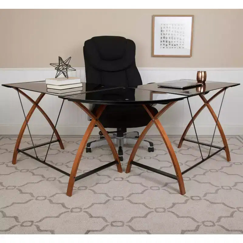 Emma and Oliver Glass L-Shape Corner Computer Desk with Pull-Out Keyboard Tray