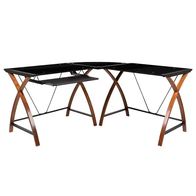 Emma and Oliver Glass L-Shape Corner Computer Desk with Pull-Out Keyboard Tray