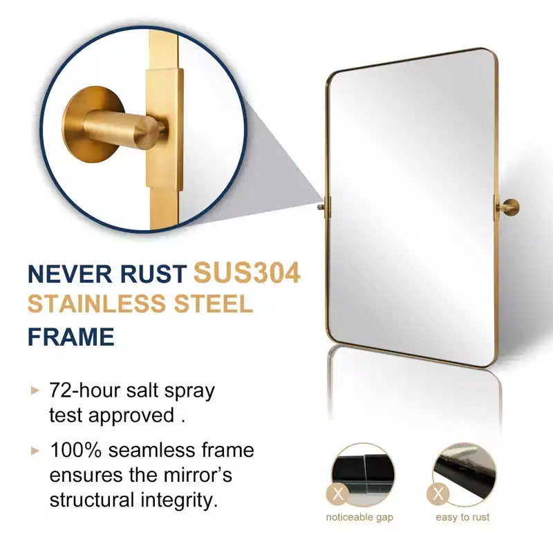ANDY STAR Modern Decorative 22 x 34 Inch Rectangle Wall Mounted Hanging Bathroom Vanity Mirror with Stainless Steel Metal Frame, Brushed Gold