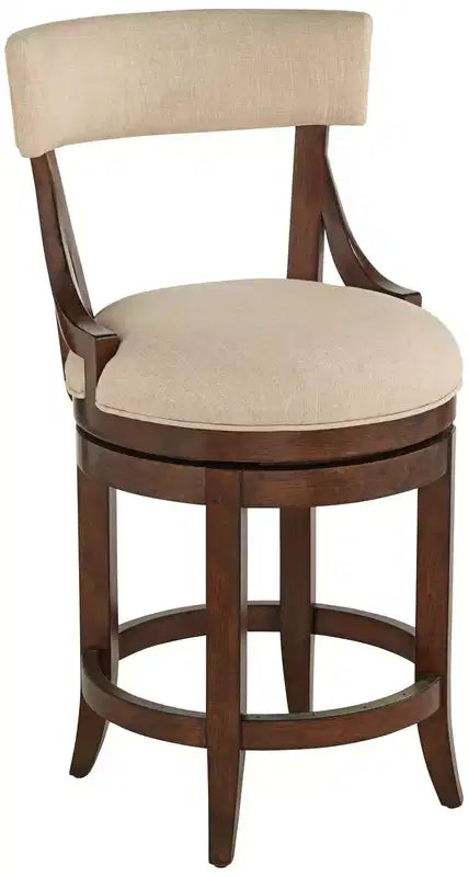 55 Downing Street Lev Walnut Wood Bar Stool Brown 24 High Farmhouse Rustic Beige Linen Cushion with Backrest Footrest for Kitchen Counter Island Home