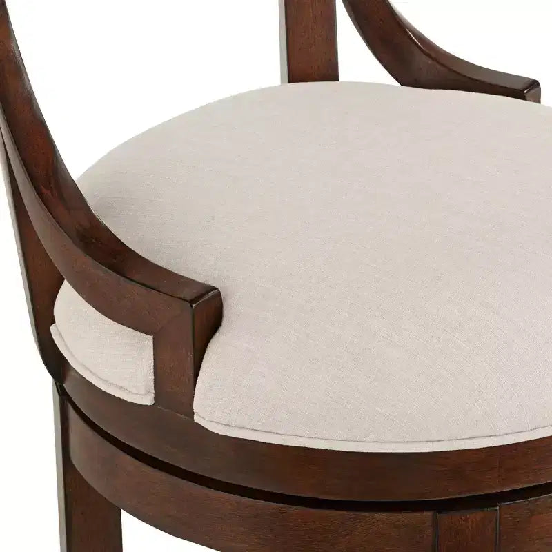 Tabouret de bar en bois de noyer marron 24 pouces de haut, style ferme rustique, coussin en lin beige avec dossier et repose-pieds pour îlot de cuisine et maison