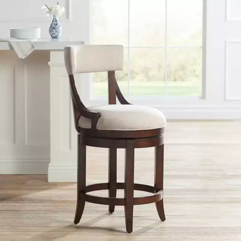 Tabouret de bar en bois de noyer marron 24 pouces de haut, style ferme rustique, coussin en lin beige avec dossier et repose-pieds pour îlot de cuisine et maison