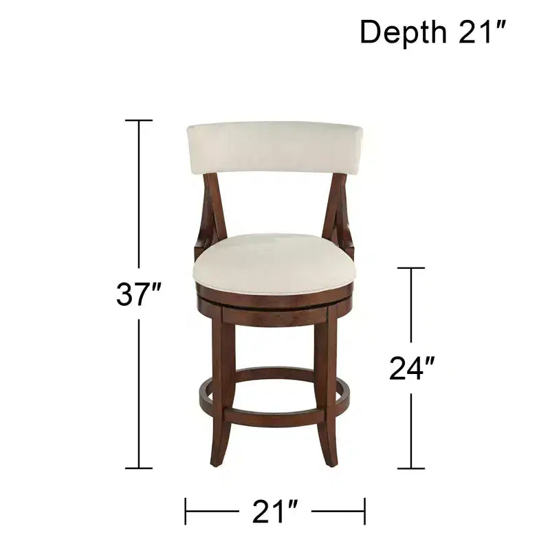 Tabouret de bar en bois de noyer marron 24 pouces de haut, style ferme rustique, coussin en lin beige avec dossier et repose-pieds pour îlot de cuisine et maison