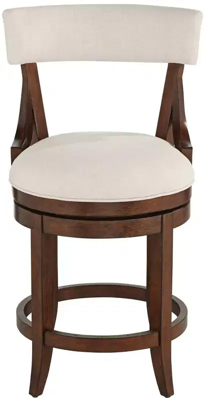 Tabouret de bar en bois de noyer marron 24 pouces de haut, style ferme rustique, coussin en lin beige avec dossier et repose-pieds pour îlot de cuisine et maison