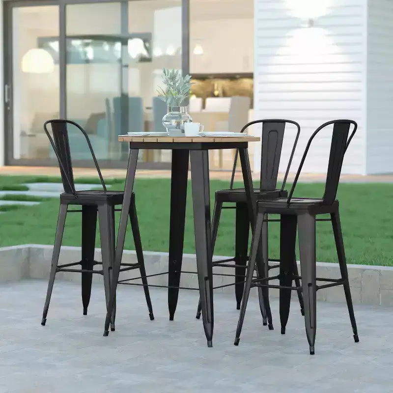 Table de bar intérieur/extérieur, plateau rond en polyrésine tout temps de 30 po avec base en acier
