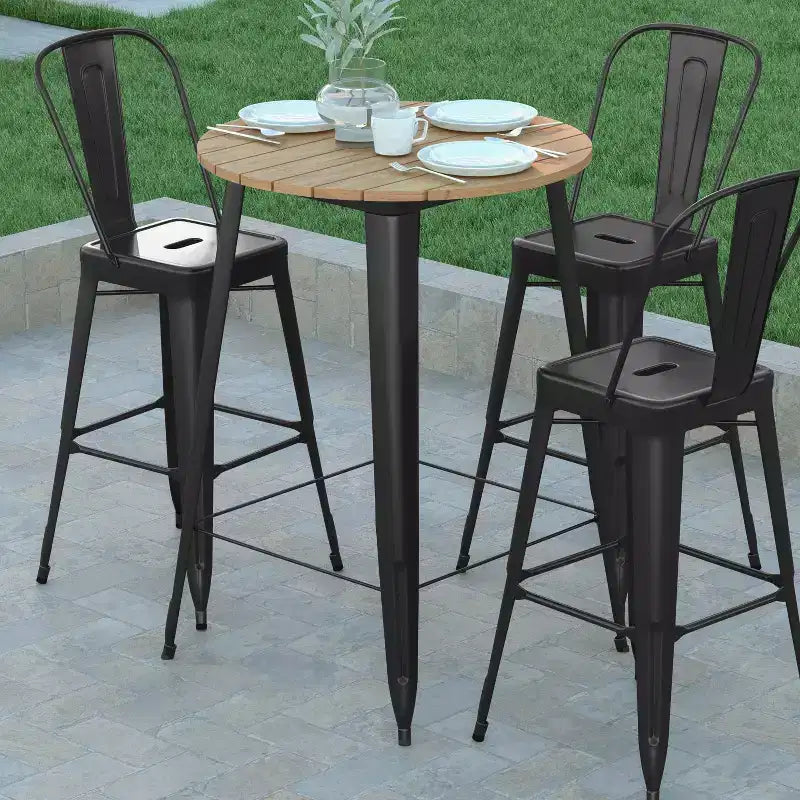 Table de bar intérieur/extérieur, plateau rond en polyrésine tout temps de 30 po avec base en acier
